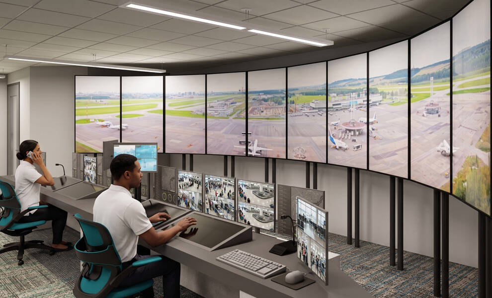 MIA operations staff monitor live runway activity and terminal surveillance feeds inside a modern aviation control center equipped with large panoramic display screens and multiple workstation monitors.