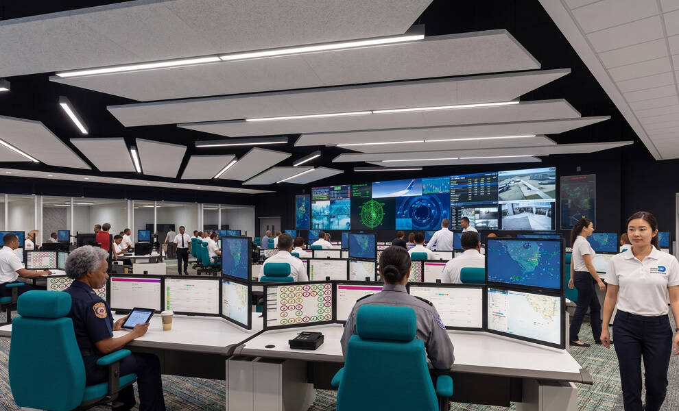 El personal de transporte y del aeropuerto trabaja en un centro de mando de operaciones de alta tecnología, equipado con seguimiento de vuelos en tiempo real, sistemas de monitoreo de seguridad y paneles de comunicación digital.