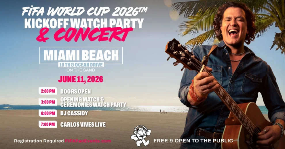 Gráfico promocional para la fiesta de visualización del inicio de la Copa Mundial de la FIFA 2026 y el concierto en Miami Beach.