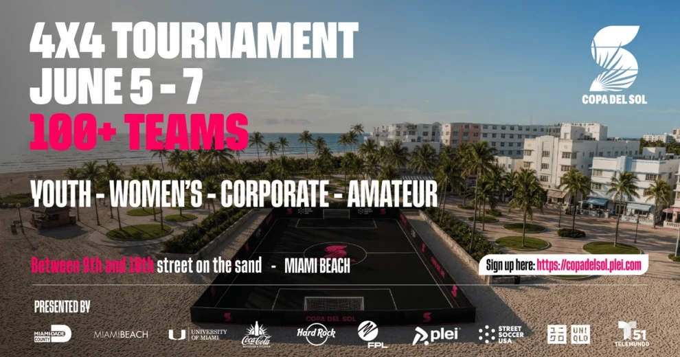 Imagen promocional del torneo Copa del Sol 4x4, que se celebrará del 5 al 7 de junio en Miami Beach. El fondo muestra una vista aérea de una cancha de fútbol situada en la arena, cerca de Ocean Drive, rodeada de palmeras, edificios frente a la playa y el océano.
