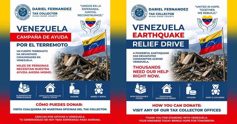 Folletos bilingües (con los idiomas lado a lado) para promover la campaña de ayuda para los afectados por el terremoto en Venezuela, organizada por la Oficina de Recaudación de Impuestos de Miami-Dade.