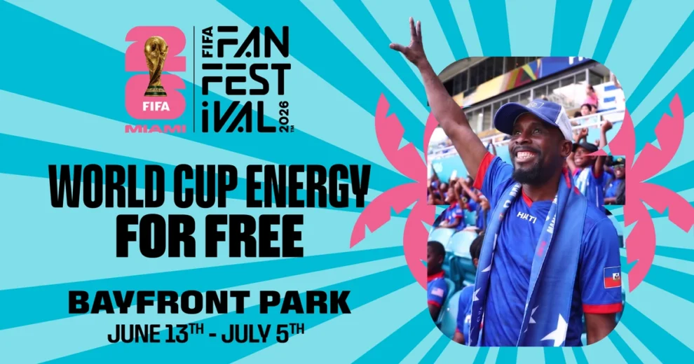 FIFA Fan Festival Miami 2026. The design features a bright turquoise background with radiating stripes and the FIFA World Cup trophy incorporated into the “2026 FIFA Fan Festival Miami” logo.