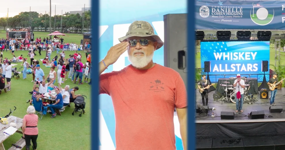 Collage from the Fourth on the Fairway celebration hosted by Miami-Dade County Commissioner Danielle Cohen Higgins, featuring a large crowd gathered on the golf course, a veteran saluting, and the Whiskey Allstars performing live on stage.