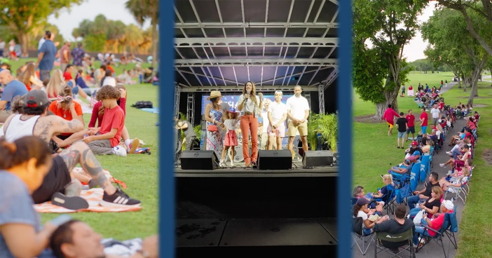 Collage from the Fourth on the Fairway celebration hosted by Miami-Dade County Commissioner Danielle Cohen Higgins, showing families relaxing on the lawn, Commissioner Danielle Cohen Higgins speaking on stage, and attendees lined up in chairs enjoying the event.