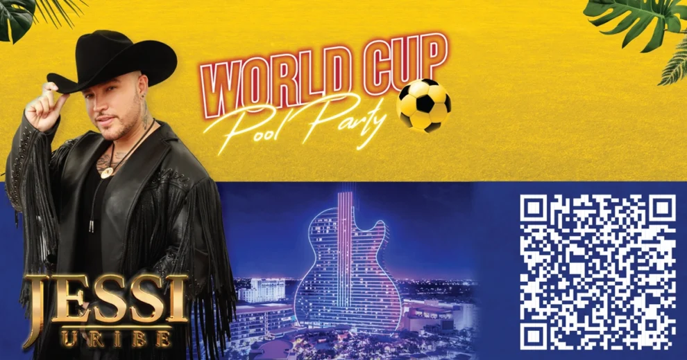 La fiesta de piscina del Mundial trae a Jessi Uribe al Seminole Hard Rock Hollywood 1 Imagen promocional de una "fiesta en la piscina de la Copa del Mundo" que presenta al cantante colombiano Jessi Uribe luciendo un sombrero vaquero negro y una chaqueta negra con flecos.