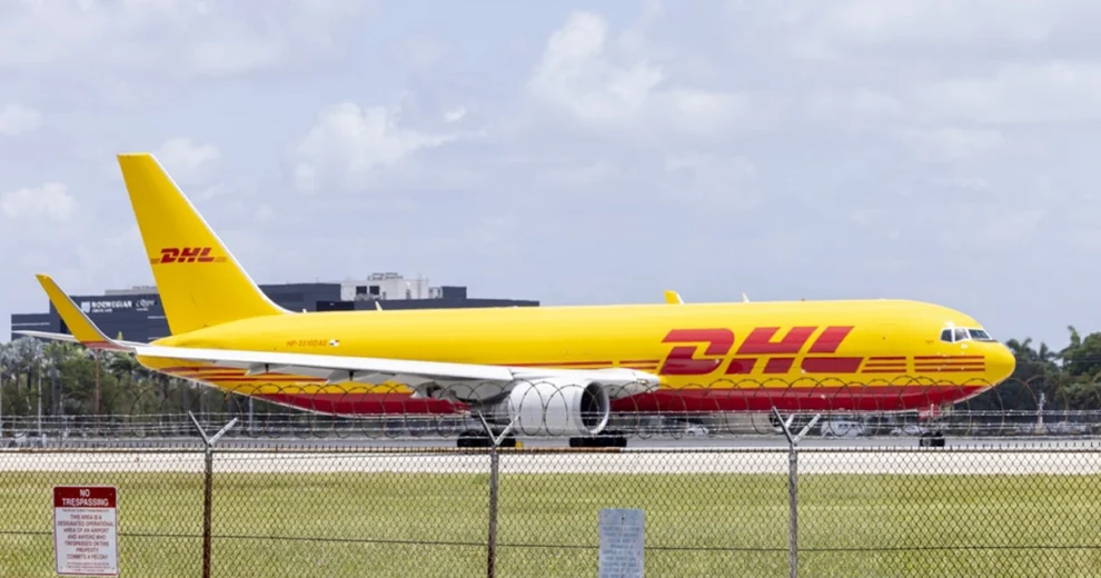 DHL cargo aircraft taxiing at Miami International Airport (MIA).