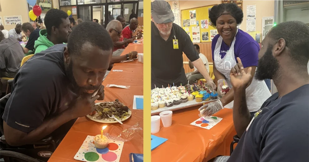 A collage of photos from a celebration at The Caring Place shows residents and volunteers gathered around decorated tables. In the first image, a man leans forward to blow out a candle on a birthday cupcake while enjoying a meal in a crowded dining hall. In the second image, volunteers serve a tray of colorful cupcakes and chat with a resident, creating a warm and festive atmosphere filled with community, support, and fellowship.