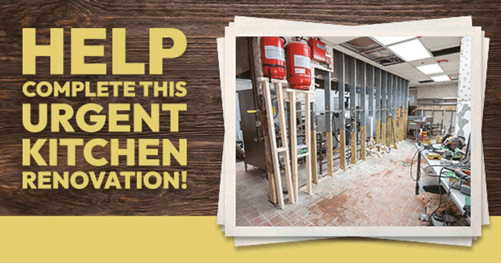 A fundraising graphic for The Caring Place features the message “Help Complete This Urgent Kitchen Renovation!” in large gold lettering against a wood-textured background.