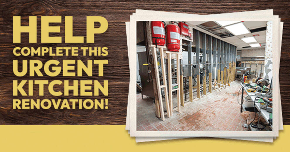 A fundraising graphic for The Caring Place features the message “Help Complete This Urgent Kitchen Renovation!” in large gold lettering against a wood-textured background.