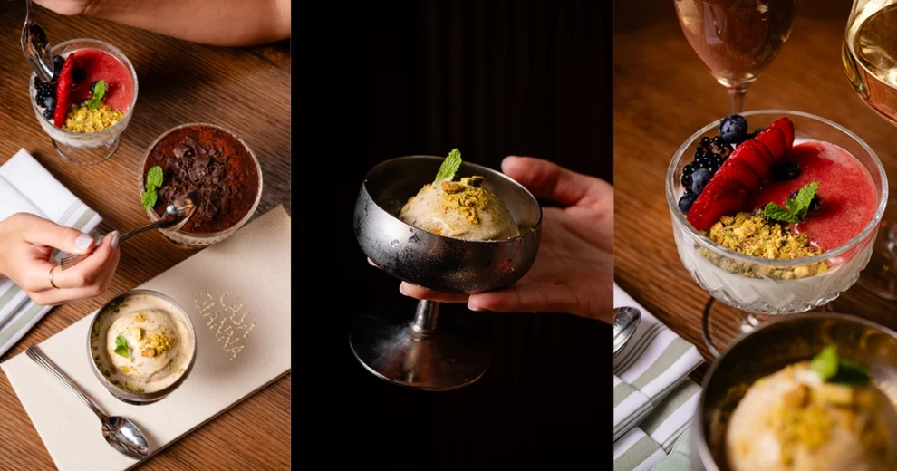 A three-panel collage showcasing desserts at Casa Gianna. The images feature creamy desserts topped with pistachios and mint, as well as a berry dessert with strawberries, blueberries, and raspberry sauce, served in elegant glassware.