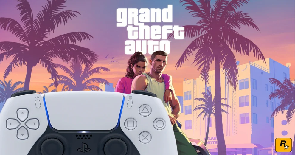 Promotional artwork for Grand Theft Auto VI featuring two characters against a colorful Miami-inspired tropical backdrop with palm trees, buildings, and a sunset. A PlayStation controller is prominently shown in the foreground, with the Grand Theft Auto logo above.