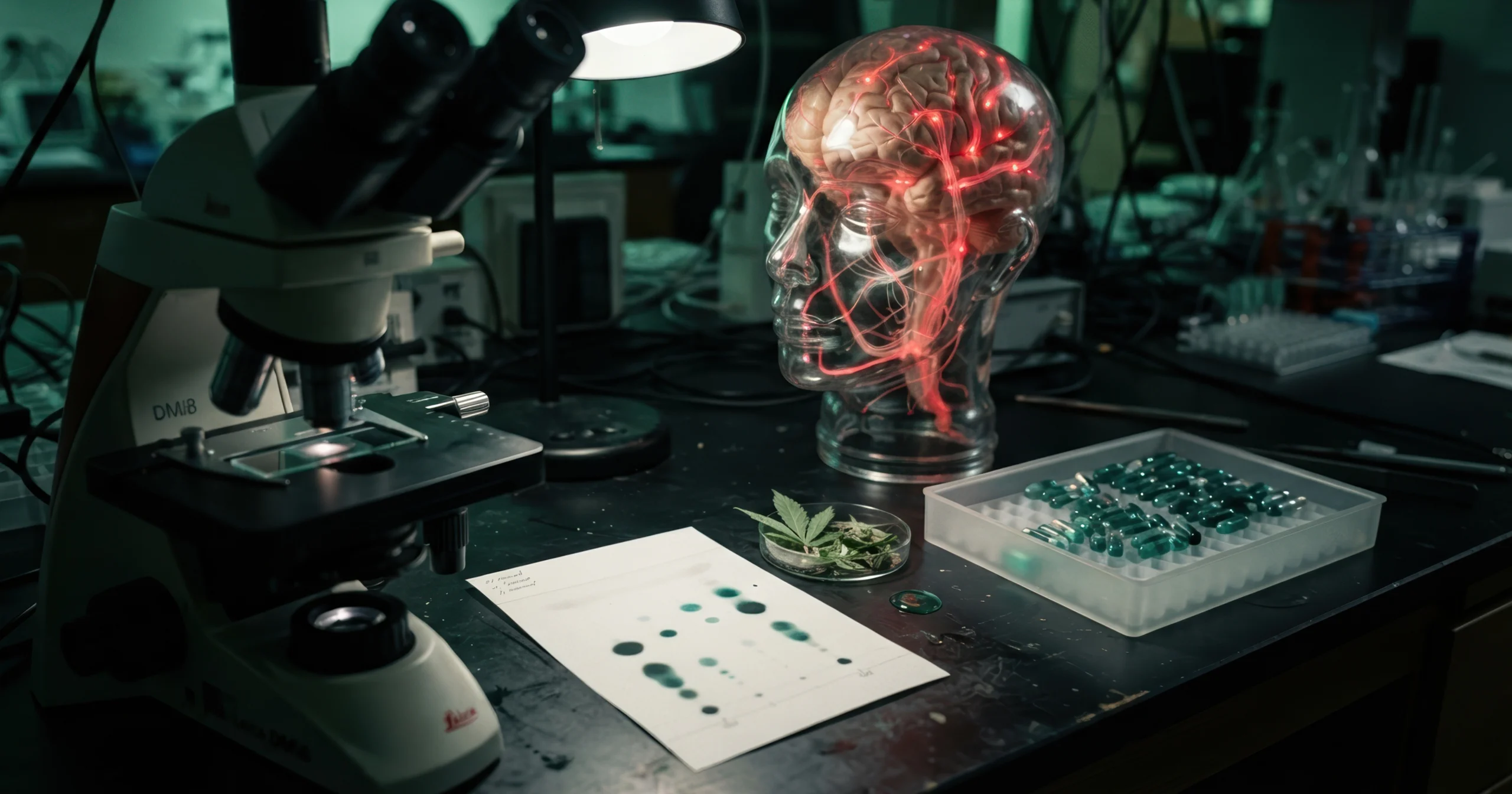A laboratory scene featuring a microscope, a transparent model of a human head with glowing red neural pathways, a tray of capsules, cannabis leaves, and a laboratory sample sheet on a workbench.