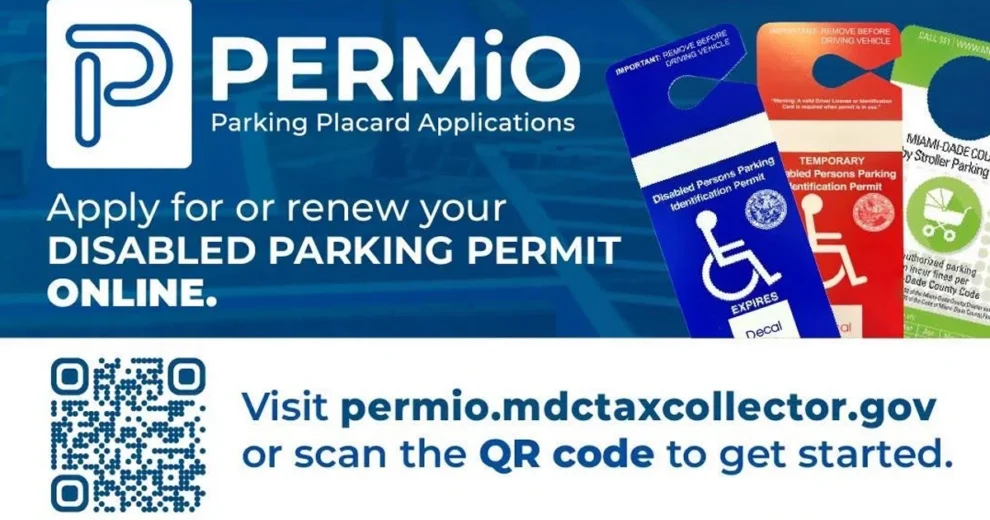 Promotional banner for Miami-Dade County Tax Collector’s PERMIO online parking placard application system. The graphic displays blue, red, and green disabled parking permits and states, “Apply for or renew your disabled parking permit online.” A QR code and the website permio.mdctaxcollector.gov are provided for applicants to get started.