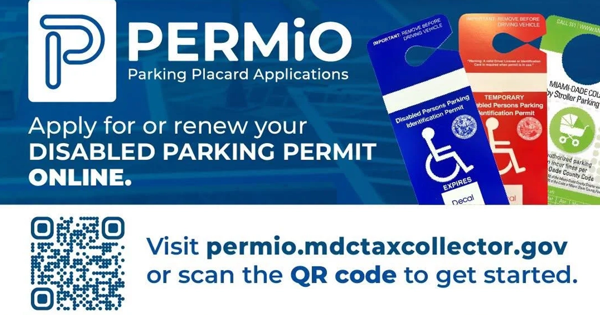 Promotional banner for Miami-Dade County Tax Collector’s PERMIO online parking placard application system. The graphic displays blue, red, and green disabled parking permits and states, “Apply for or renew your disabled parking permit online.” A QR code and the website permio.mdctaxcollector.gov are provided for applicants to get started.