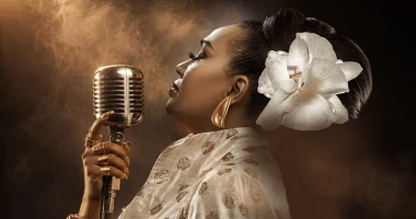 La vocalista Aymée Nuviola, ganadora de premios Grammy y Grammy Latino, canta ante un micrófono de estilo vintage; viste un conjunto blanco estampado, luce joyas doradas y lleva una gran flor blanca en el cabello.