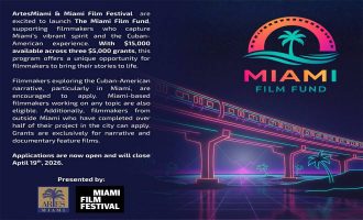 Un gráfico promocional anuncia el lanzamiento del Miami Film Fund, a cargo de ArtesMiami y el Miami Film Festival.