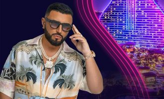 Alex Sensation in a colorful button down shirt and black glasses and The Guitar Hotel where Noches de neon will be held.