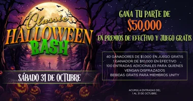 Spanish-language promotional graphic for the Seminole Classic Halloween Bash on Saturday, October 31, featuring a spooky forest, full moon, bats and pumpkins. The graphic advertises $50,000 in cash prizes and free play, including 40 $1,000 winners, one $10,000 cash winner, 100 additional entries for guests in costume, and free drinks for Unity members.