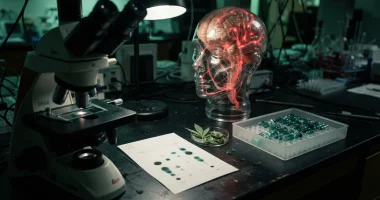 A laboratory scene featuring a microscope, a transparent model of a human head with glowing red neural pathways, a tray of capsules, cannabis leaves, and a laboratory sample sheet on a workbench.