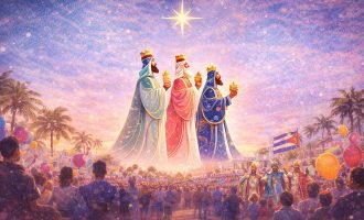 A depiction of the Three Kings large in the sky with a crowd of people below.
